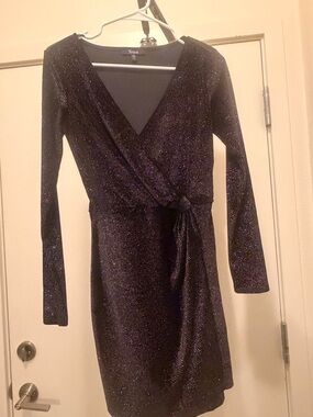Trixxi Black Sparkle Wrap-Front Long Sleeve Dress